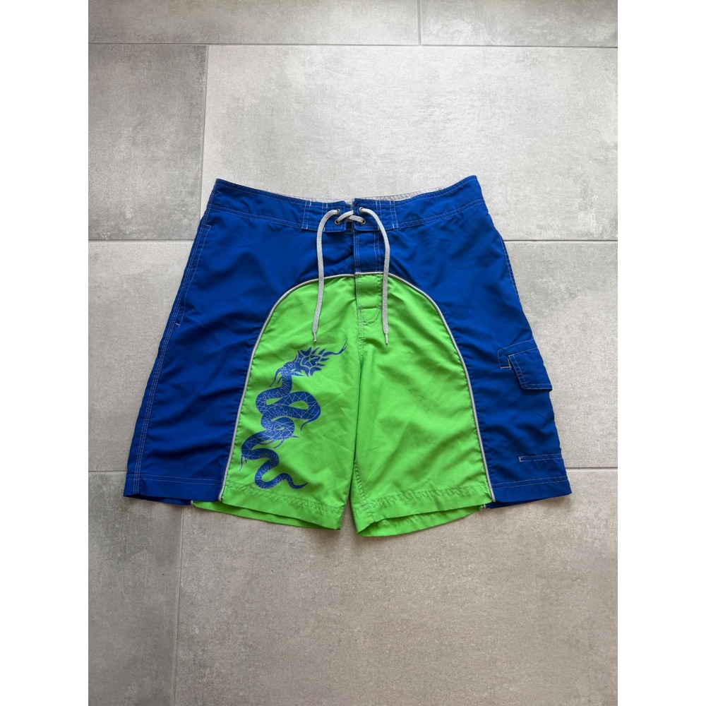 Vintage y2k No Boundaries Mens Blue Green Dragon Print Board Shorts 36 surfwear